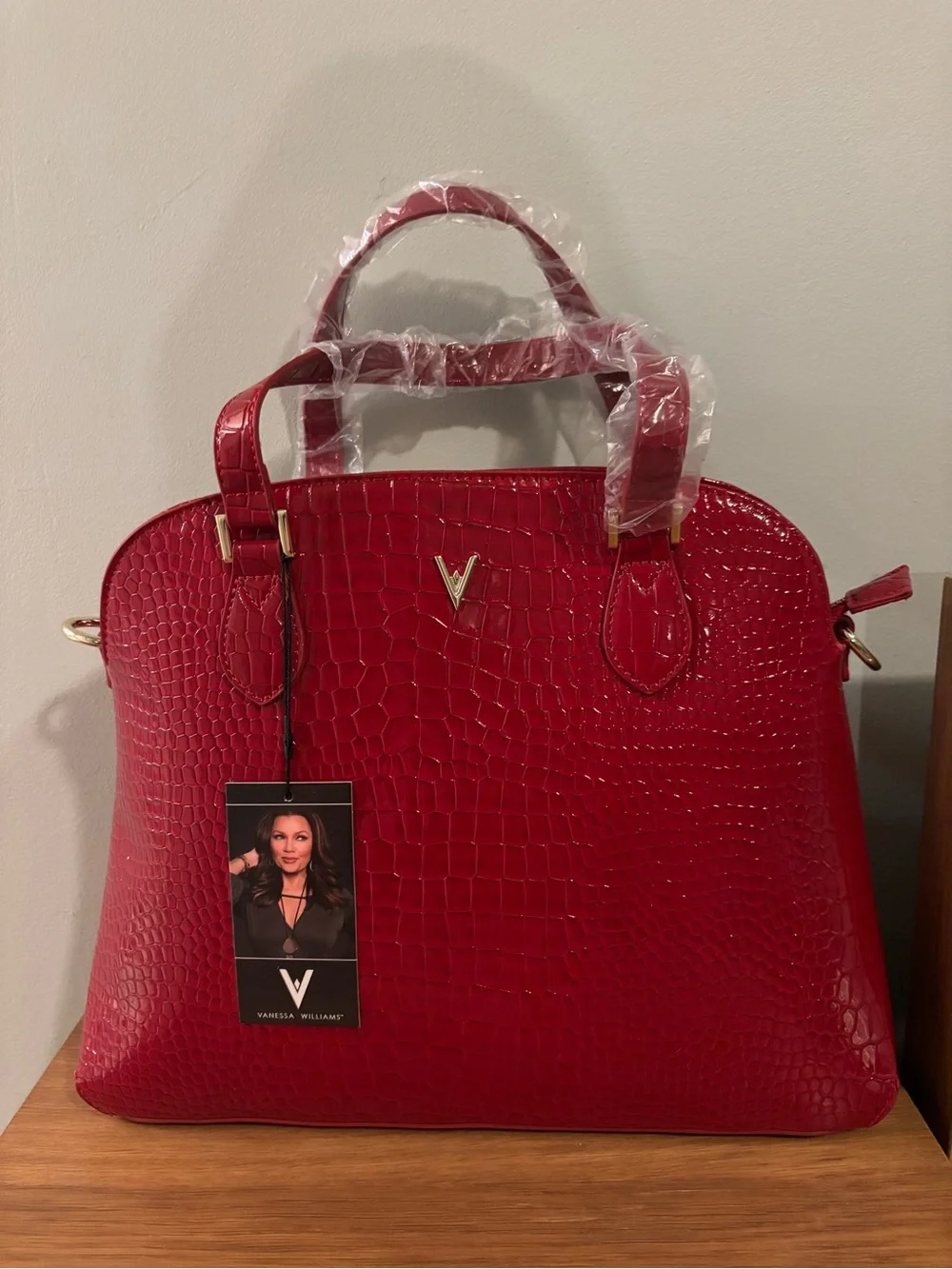 Vanessa Williams Lush round satchel vibrant red crocodile-embossed faux leather
